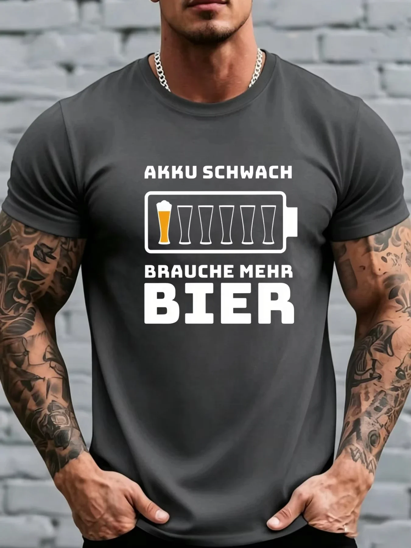 Beer Lover Men T‑Shirt, Slim Crew Neck Tee AKKU SCHWACH BRAUCHE MEHR BIER Novelty Battery Beer Graphic Casual Short Sleeve Top