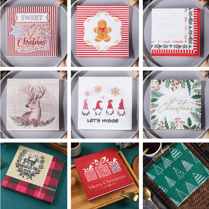 

20Pcs/pack Christmas Series Printed Paper Disposable Table Dinner Napkin Tissues Xmas Party Decoration