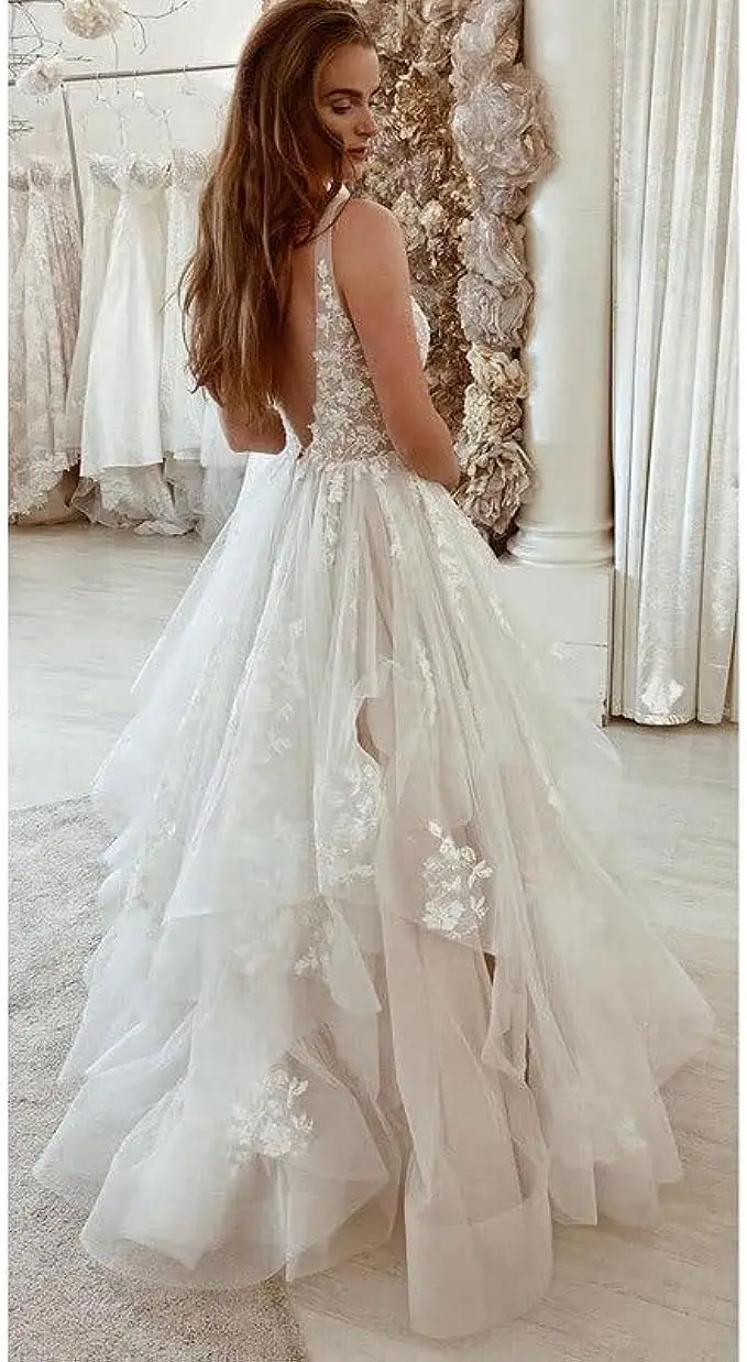 Lace Appliques Tiered Sexy Wedding Dresses Deep V-neck Backless Luxury Beach Bridal Gowns