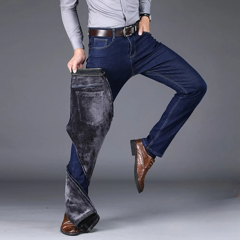 Inverno novo velo masculino quente jeans estilo clássico negócios casual engrossar regular ajuste calças jeans preto azul marca
