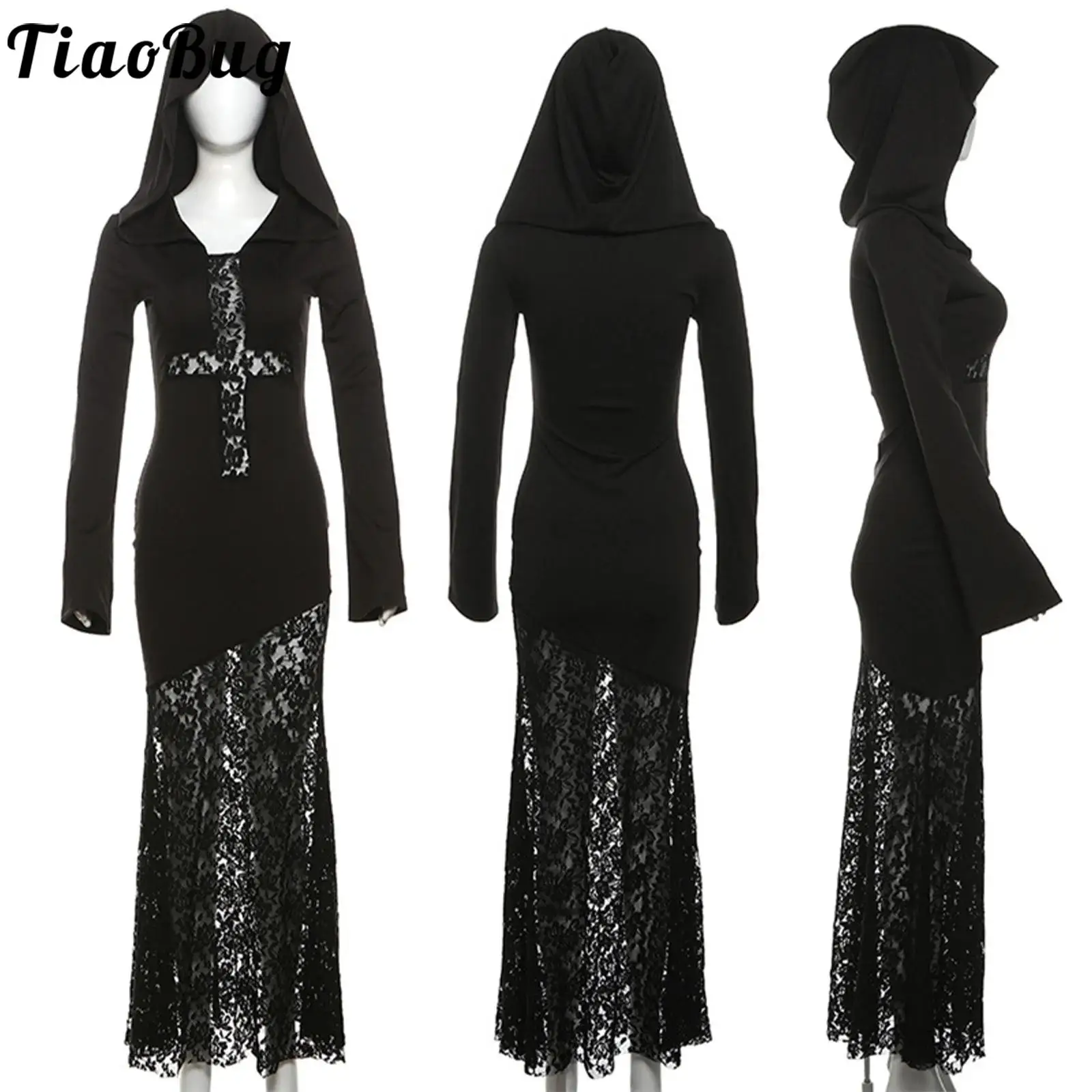 

Women Gothic Steampunk Floral Lace Hooded Dress Retro Flared Sleeve Maxi Dress for Halloween Vampire Witch Renaissance Cosplay