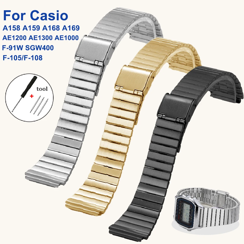 For Casio F91W Watch Steel for F84 F105 F108 A158 A-168 AE-1300 AE-1200 Casio Straps Ultra-thin Metal Bracelet 18mm 20mm