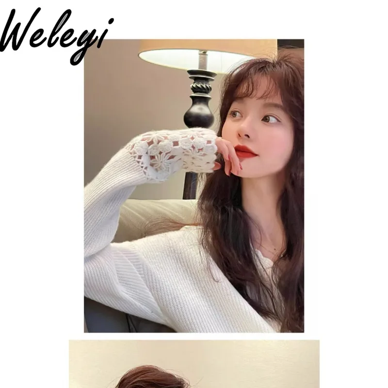 Women's Splicing Crochet Cashmere Sweater Autumn and Winter New Casual Loose V-neck Pullover Long Sleeved Knitted Wool Pullovers