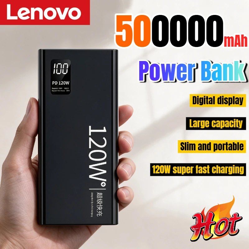 Lenovo 500000mAh Power Bank Super Fast Charging Large Capacity Portable Digital Display External Power Bank for iPhone Samsung
