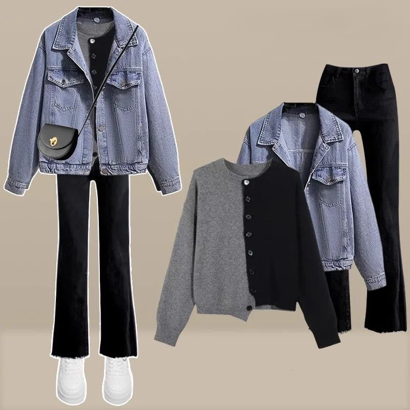 Fashion Suit New Autumn/winter Denim Jacket Patchwork Knitted Pullover Sweater High Waisted Jeans Three Piece Set For Women