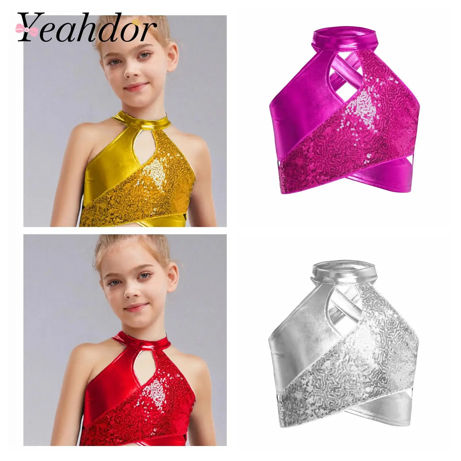 

Children Sequins Metallic Crop Top Jazz Latin Dance Tops for Girl Vests Cross Keyhole Sparkly Dancewear Kids Ballroom Costume