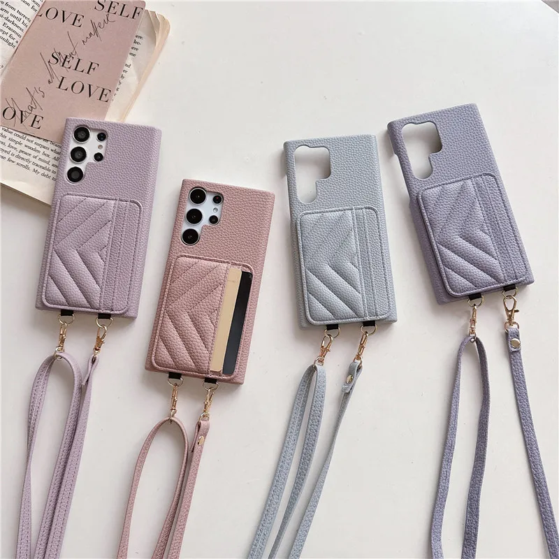 Luxury Card Slot Crossbody Strap Case for Samsung S24 Ultra S23 FE S22 A55 15 25 A35 13 14 33 A53 24 A54 34 Lichee Pattern Cover