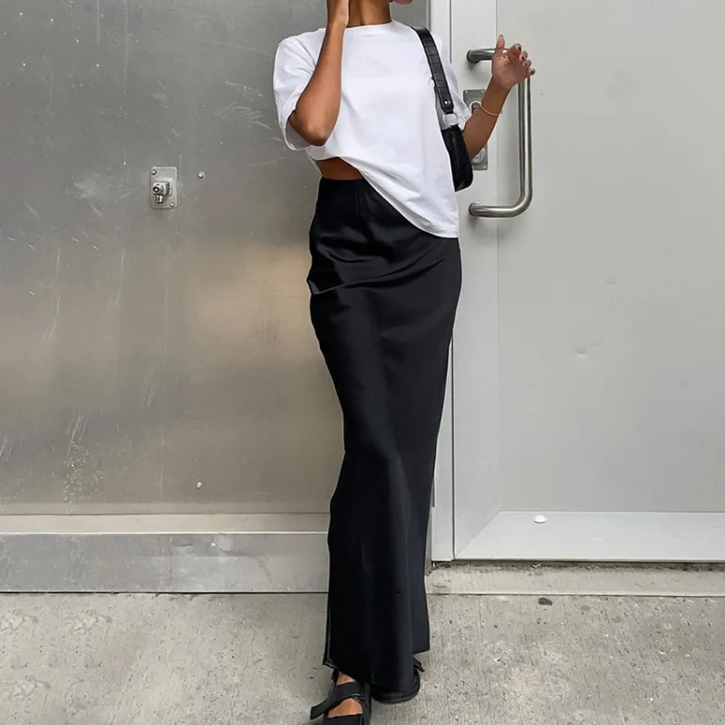 Spring and Summer New Satin Ice Silk Skirt European and American Casual Cross-border Long Skirt Black Body-hugging for Women