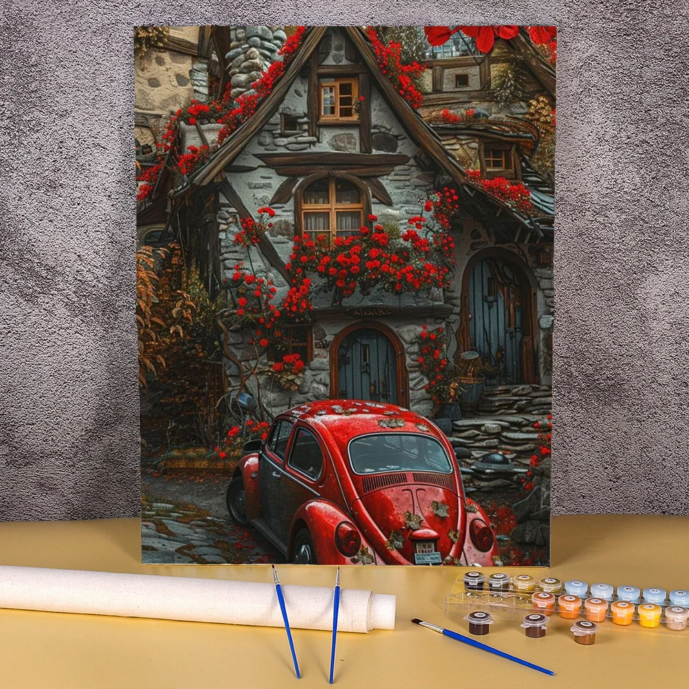 40x50cm Acrylic Paint By Numbers For Adults Red Car Landscape Picture Drawing By Numbers Wall Art Painting For Home Decors