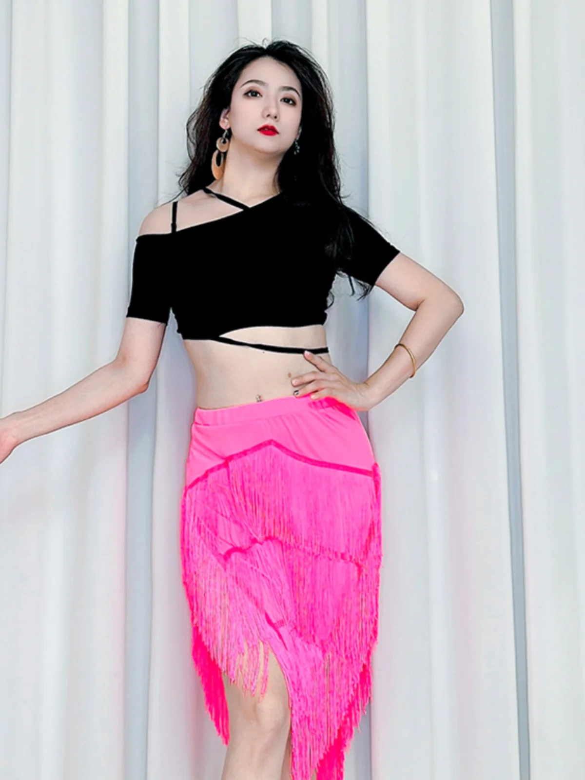 Costume d'entraînement de danse du ventre avec pompon rose Fluorescent, Sexy et polyvalent, tenue de spectacle sur scène, tissu Modal Fusion Sle pour femmes