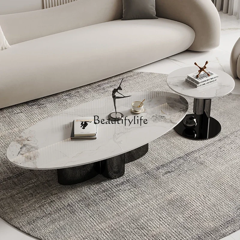 طاولة قهوة إيطالية بسيطة من JJ، طاولة قهوة بيضاوية الشكل فاخرة وحديثة الطراز من الفولاذ المقاوم للصدأ