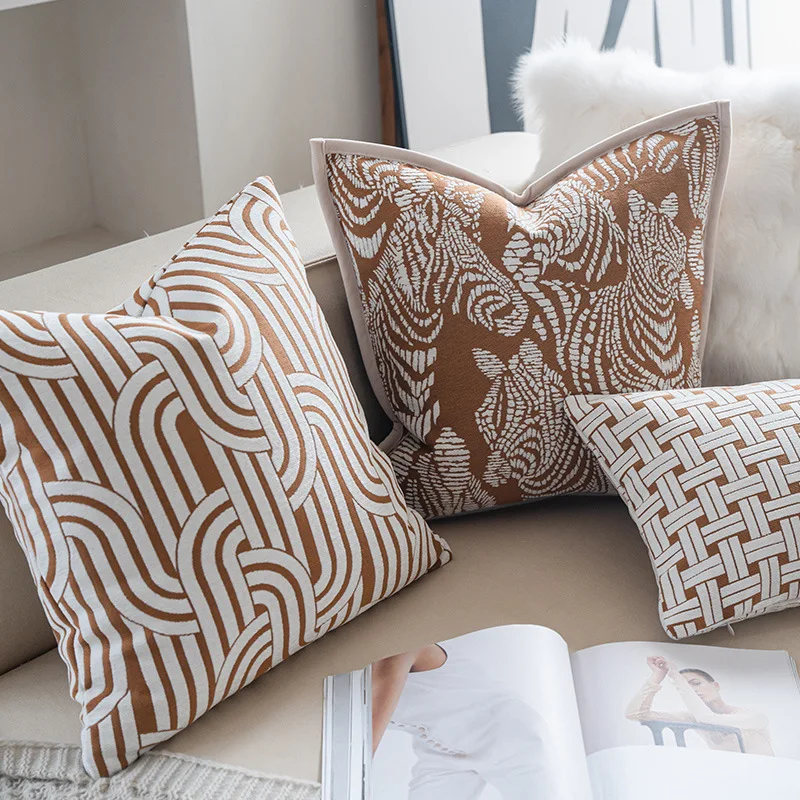 Orange Brown High-end Jacquard Cushion Case Modern Luxury Pillow Covers Decorative Chenier Textured Home Cushion Cover for Sofa