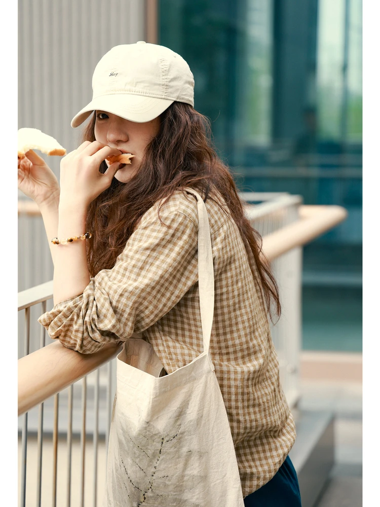 

Женская рубашка свободного кроя из цветного тканого льна с длинным рукавом, осенняя, дышащая, комфортная, с воротником и дизайнерскими вставками на карманах