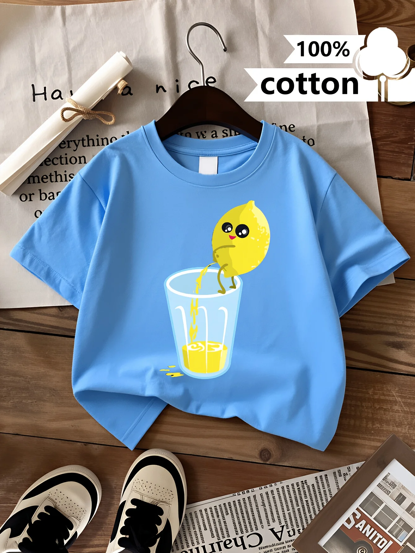 Children and Youth Lemon Juice Extraction Fun Pattern Printing Pattern Round Neck T-shirt Casual Fashion Parent Child Clothing