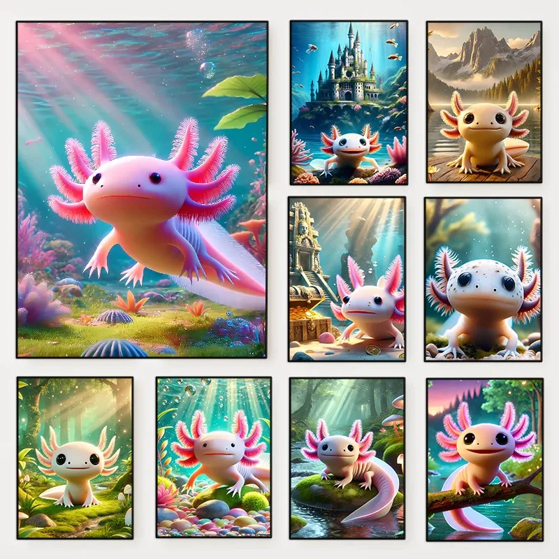 (No frame)Modern Colourful Axolotl Salamander Underwater Poster Cute Animal Cartoon Canvas Painting Wall Art for Living Room