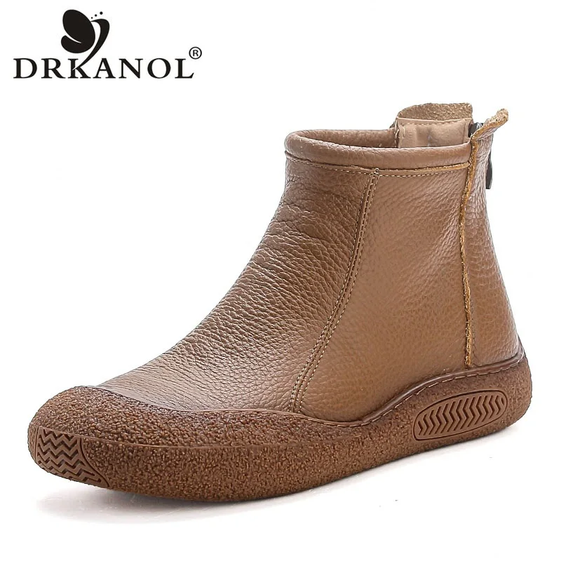 DRKANOL Fashion Women Flat Ankle Boots Handmade Retro Autumn Winter Thick Sole Platform Back Zipper Soft Warm Short Boots H7965