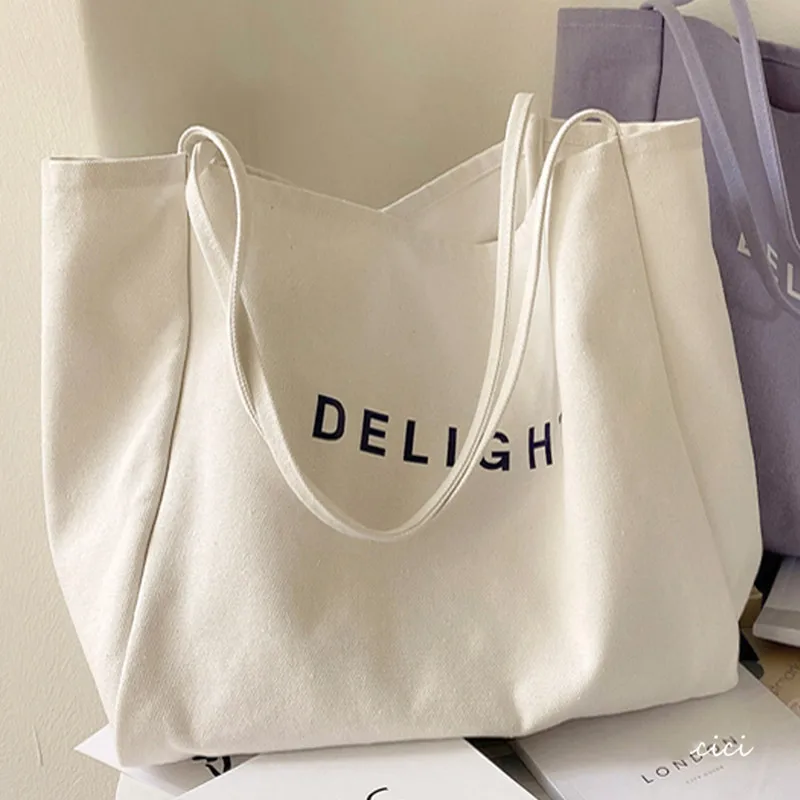 Large Capacity Cotton Reusable Shopping Bag Women Canvas Shoulder Bag DELIGH Print Solid Color Causal Handbag Tote Bag Beach Bag