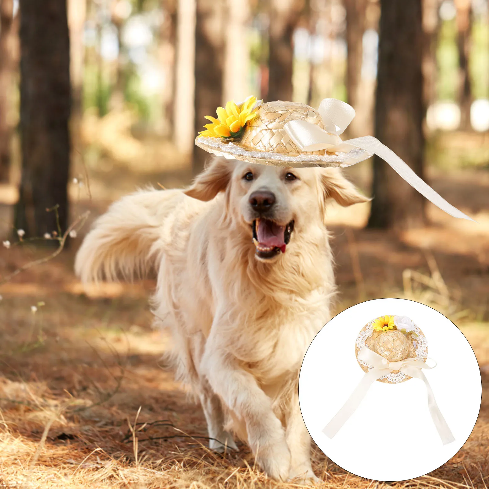

Summer Pet Dog Straw Hat Pink Bowknot Dog Cosplay Hat Flower Cap S Size Photo Prop Pet Costume Accessories Woven Design