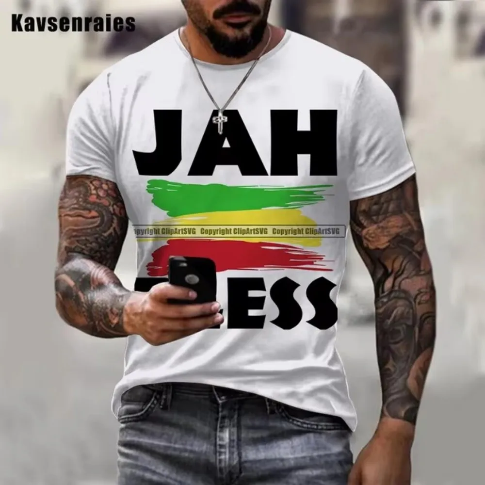 Jah Bless เสื้อยืดพิมพ์ลาย3D ผู้ชาย, เสื้อยืดลำลองแฟชั่นเสื้อยืดคอกลมเร็กเก้เสื้อยืดแขนสั้นสำหรับทั้งชายและหญิง