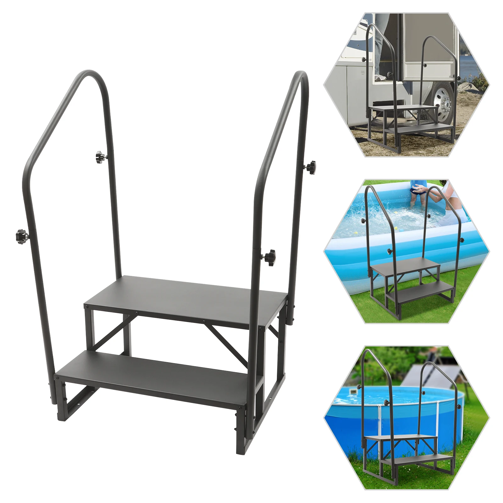 2-step Stairs Steps Free Standing RV Steps with Two Sides Handrail Q235 Steel Stairs Steps for Home RV Camper Porch Black