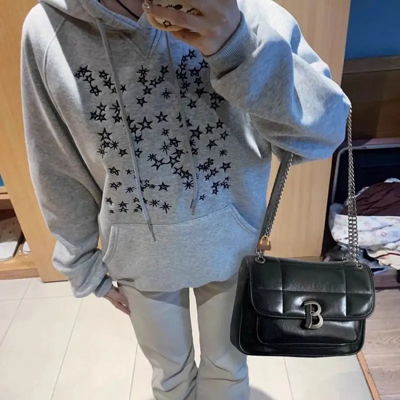 

Onalippa 2025 New American Style Chic Star Embroidered Korean Version Oversized Hooded Long Sleeved Sweatshirt Top Women