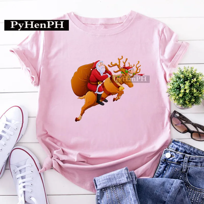 

Merry Christmas TShirt Women Fashion Santa and Elk Print Short-sleeved T-shirt Women Clothing Tops Graphic T Shirts Aesthetic