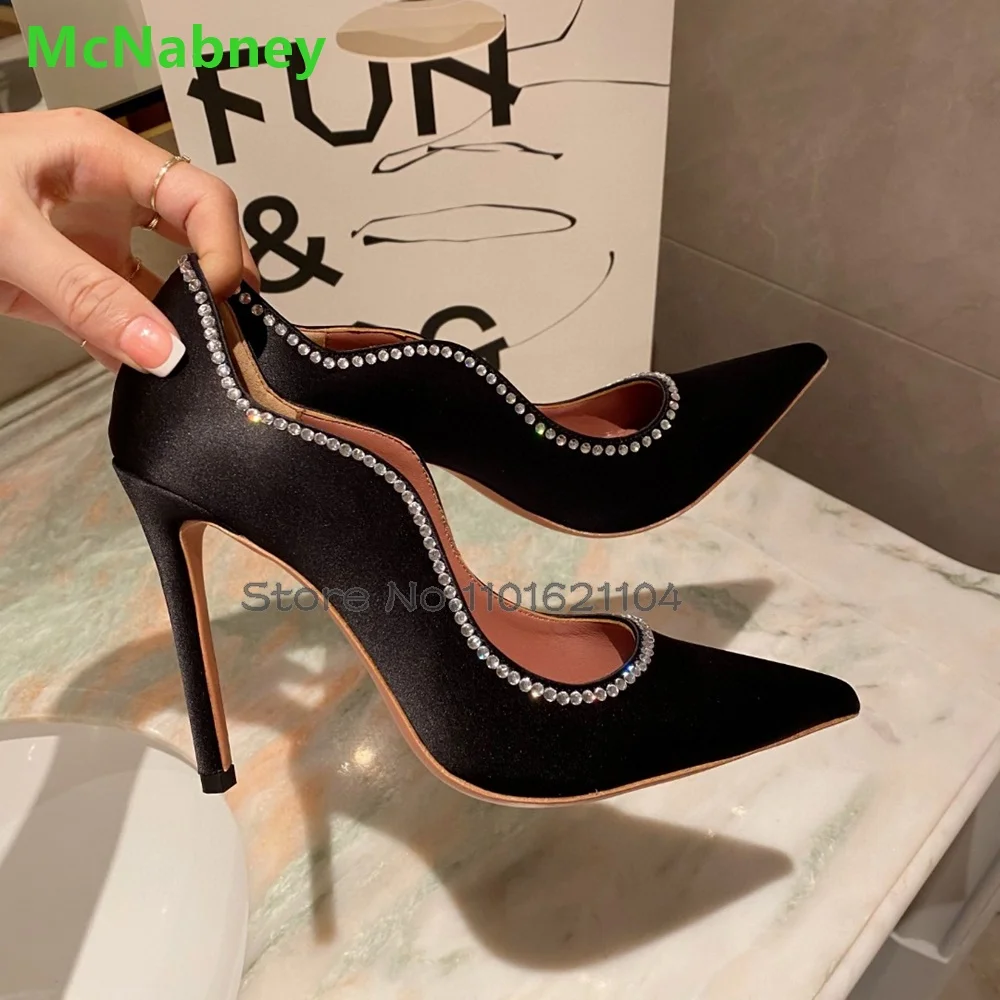 Crystal Design Luxury Pumps For Female Women Pointed Toe Thin High Heel Satin Fabric Slip-on 2024 New Fashion Elegant Shoes