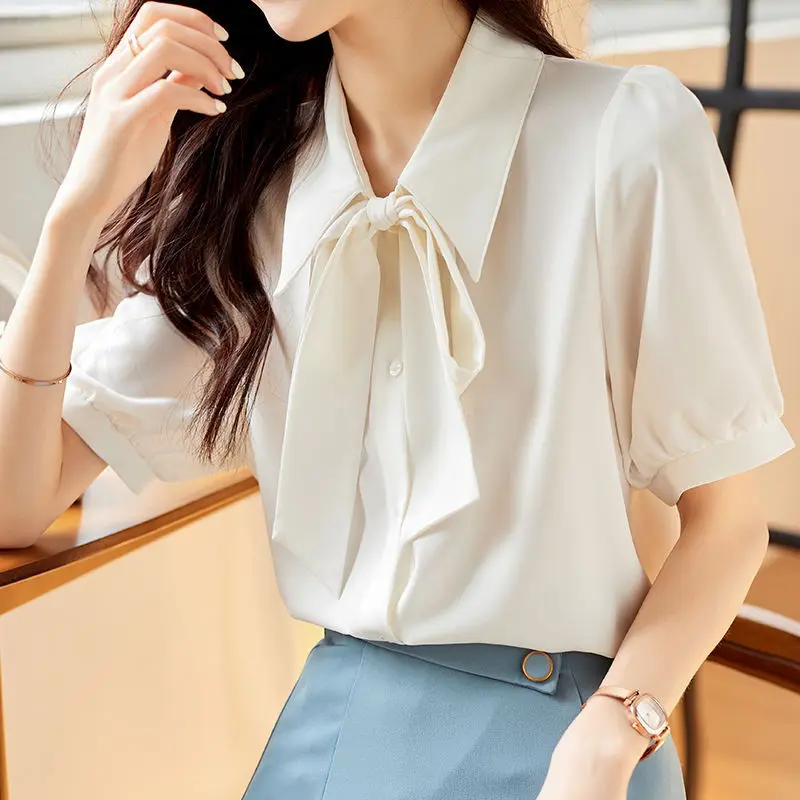 White Chiffon Bow Patchwork Blouse Summer New Short Sleeve Loose Solid Office Shirt Tops Elegant Fashion Casual Women Clothing