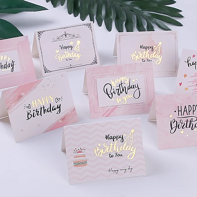 

10PCS Hot stamping Happy Birthday Cards Folding Cards Blank Inside Greeting Cards Cake Candle Pattern For Birthday Party Decors