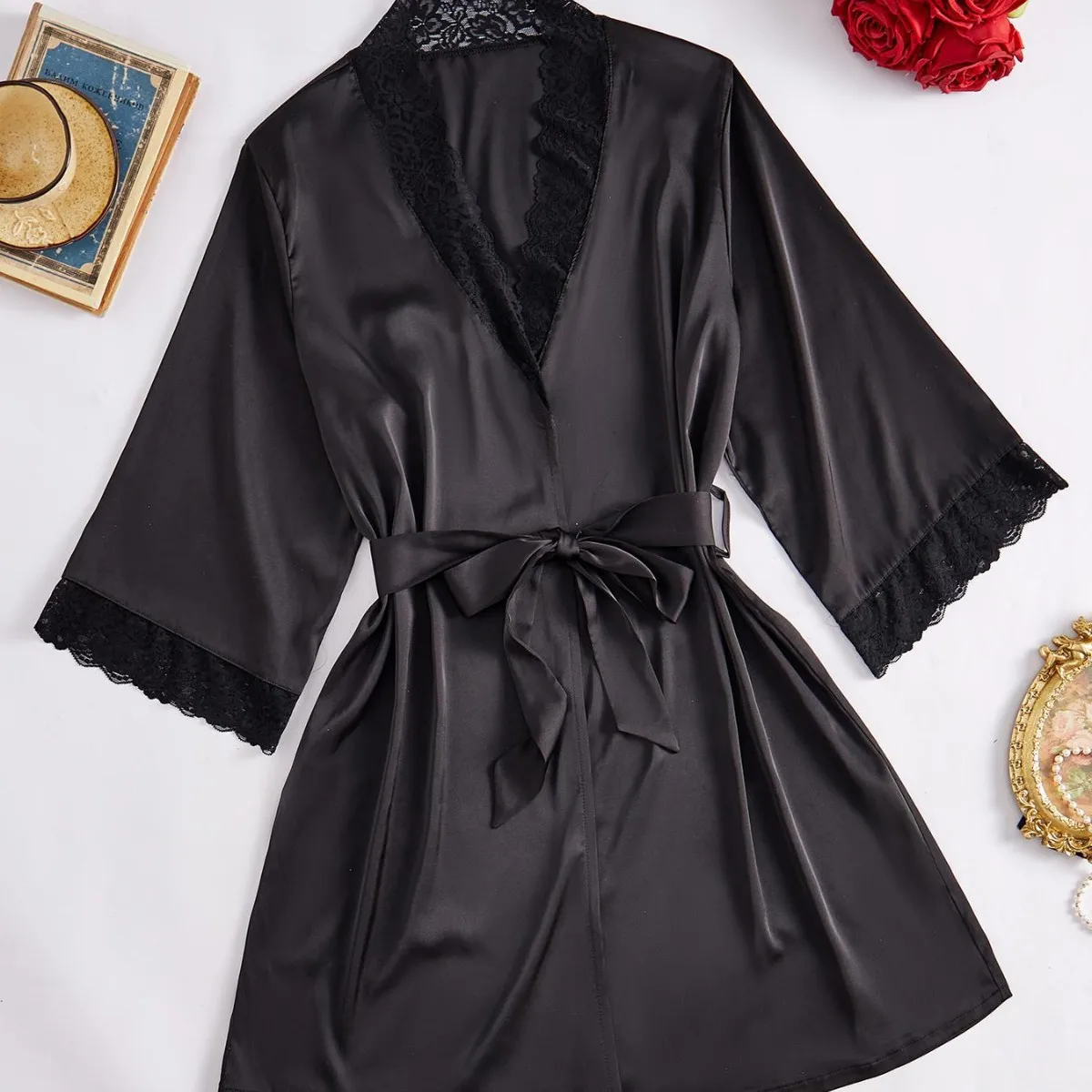 Black Satin Kimono Robe Lace Trim Sleeve Loose Nightgown Belted Bathrobe Sleepwear Exotic Loungewear For Women