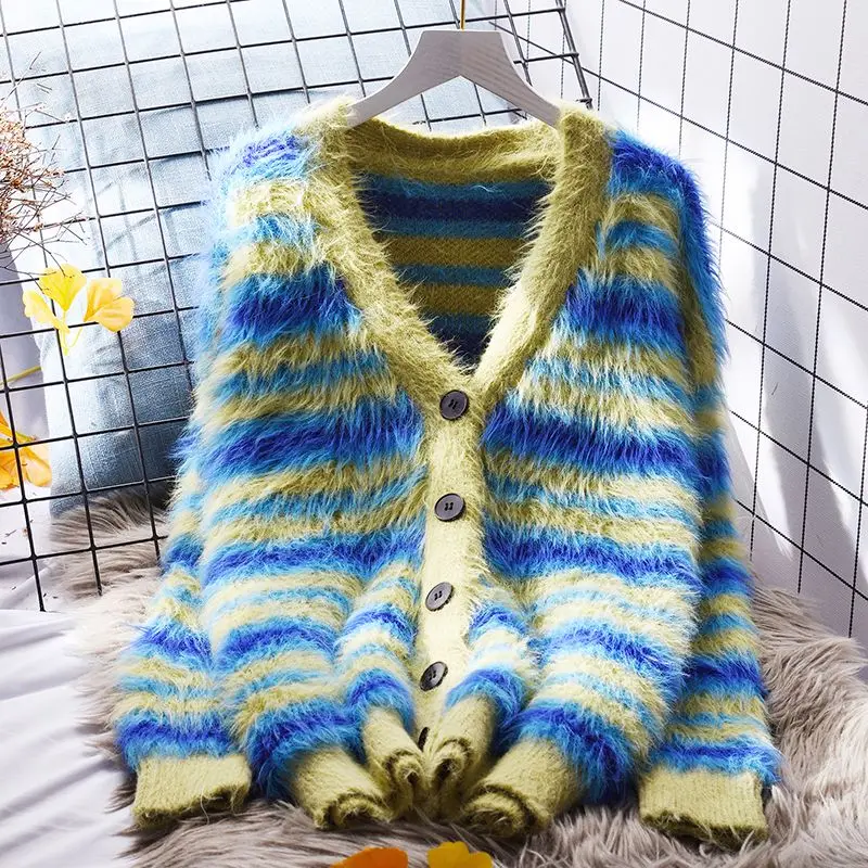 

Striped Fur Loose Cardigans for Women Autumn Winter Long Sleeve Open Stitch Button Up Sweater Outwear Lady Knitted Jacket E17