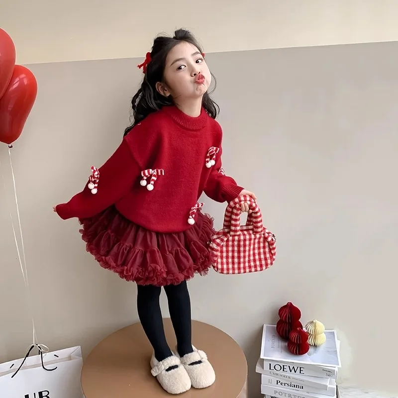 Girls' New Year Outfit: Red Knitted Sweater Winter Wear Children's Knit Top Stylish Blouse New Arrival Festive New Year Attire