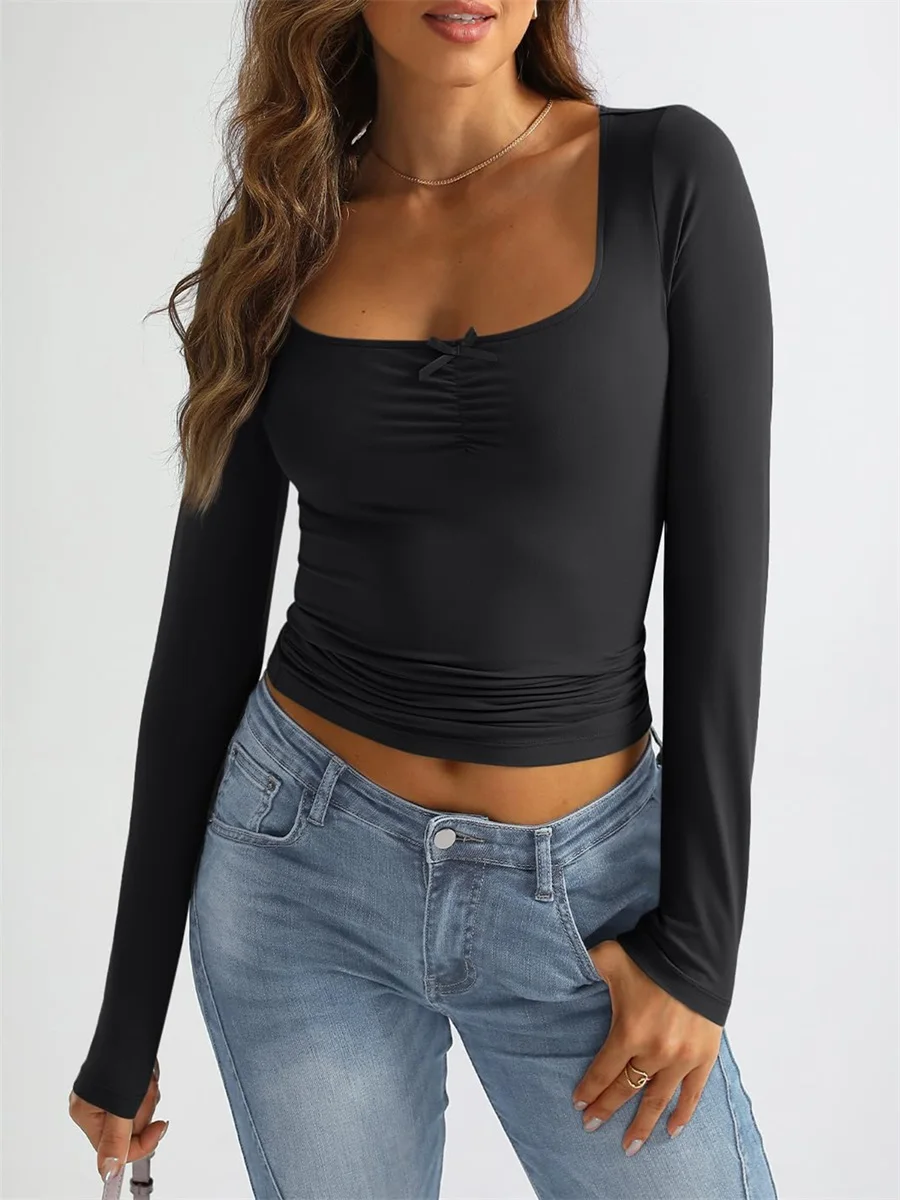 Women Crop Fitted Tops Fashion Solid Color Cute Bow Long Sleeve Square Neck Shirt for Club Streetwear Aesthetic Grunge Clothes