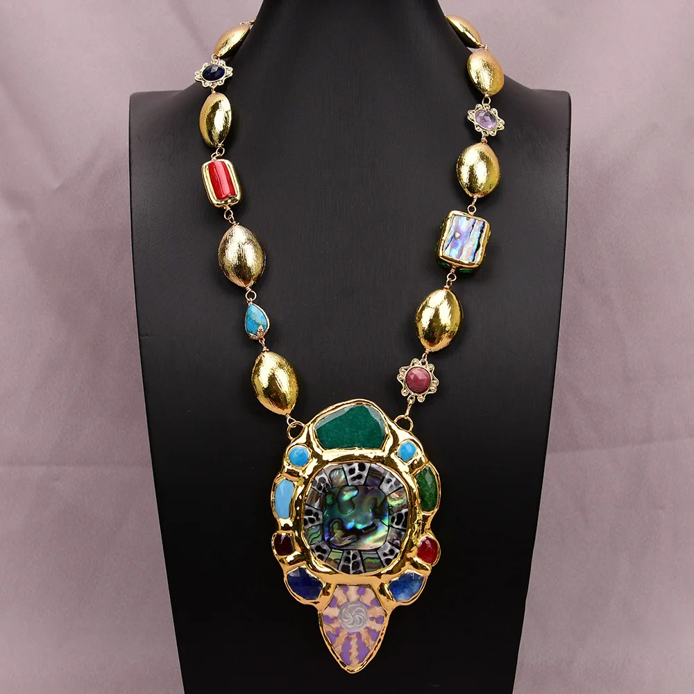 GG Multi Stone Red Coral Gold Plated Brushed Beads Necklace Big Gems Abalone Shell Pendant