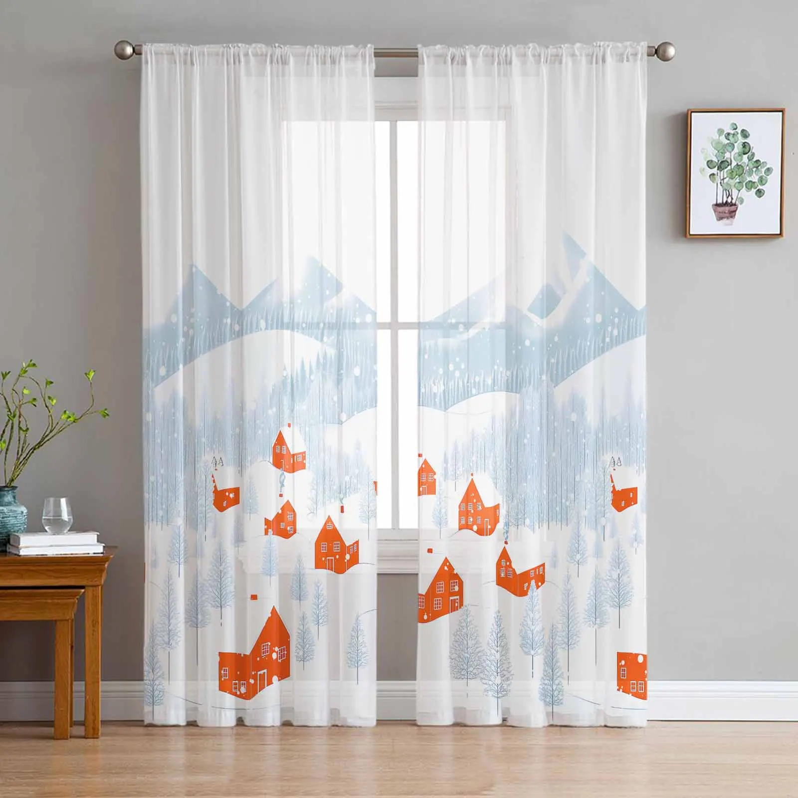 Snowflakes Hand Drawn Small Town  The Sea Sheer Curtains for Living Room Bedroom Home Hotel Coffee Decor Chiffon Tulle Curtains