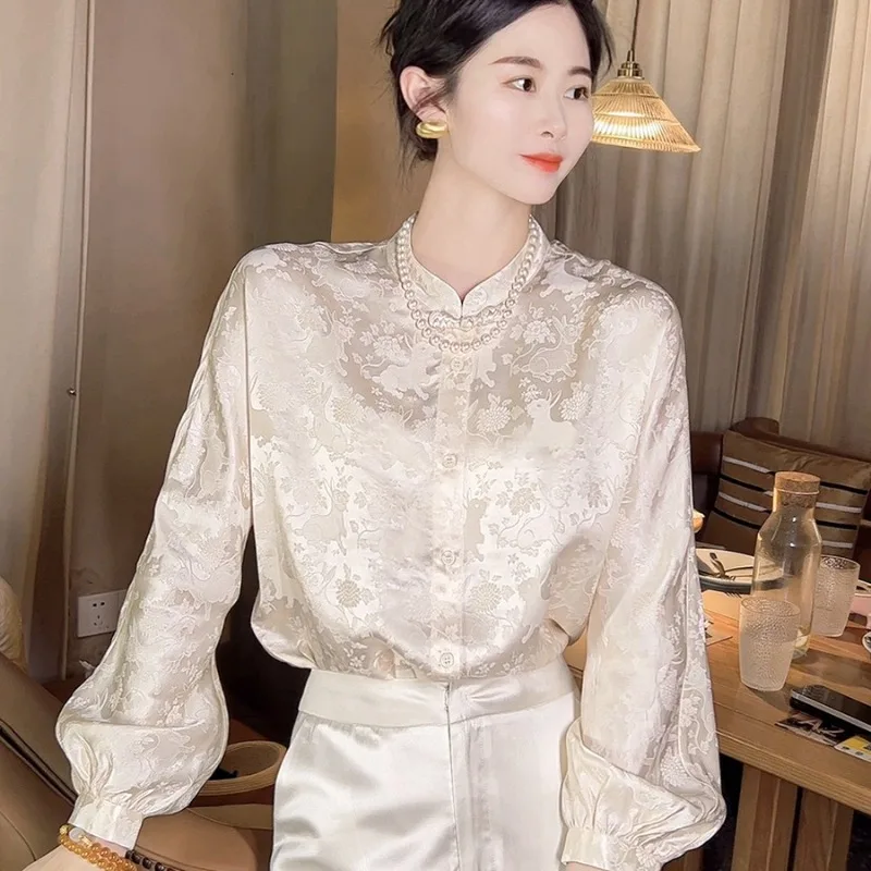 

Satin Women's Shirts Silk Flower Chinese Style Blouses O-neck Spring/Summer New Ladies Clothing Loose Long Sleeves Fashion Tops