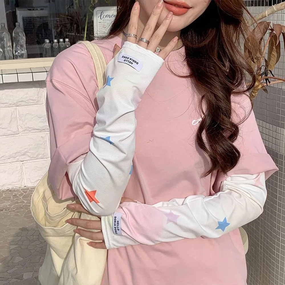 Y2k Girls Ice Silk Breathable Sleeve Cover Star Flower Anti-sunburn Arm Sleeves  Women UV Cycling Oversleeve Loose Golves 팔토시