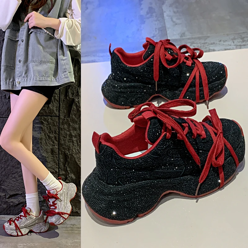 

Women's Dad Shoes Sparkling Rhinestone Thick Bottom Sneakers Flashing Autumn Rubber Iamond-Encrusted Thick-Heeled Sports Shoes