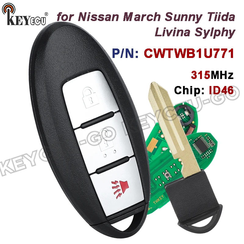 

Модель чипа KEYECU 315 МГц ID46: TWB1U771 FCC ID: CWTWB1U771 для Nissan March Sunny Tiida Livina Sylphy Smart Remote Car Key Fob