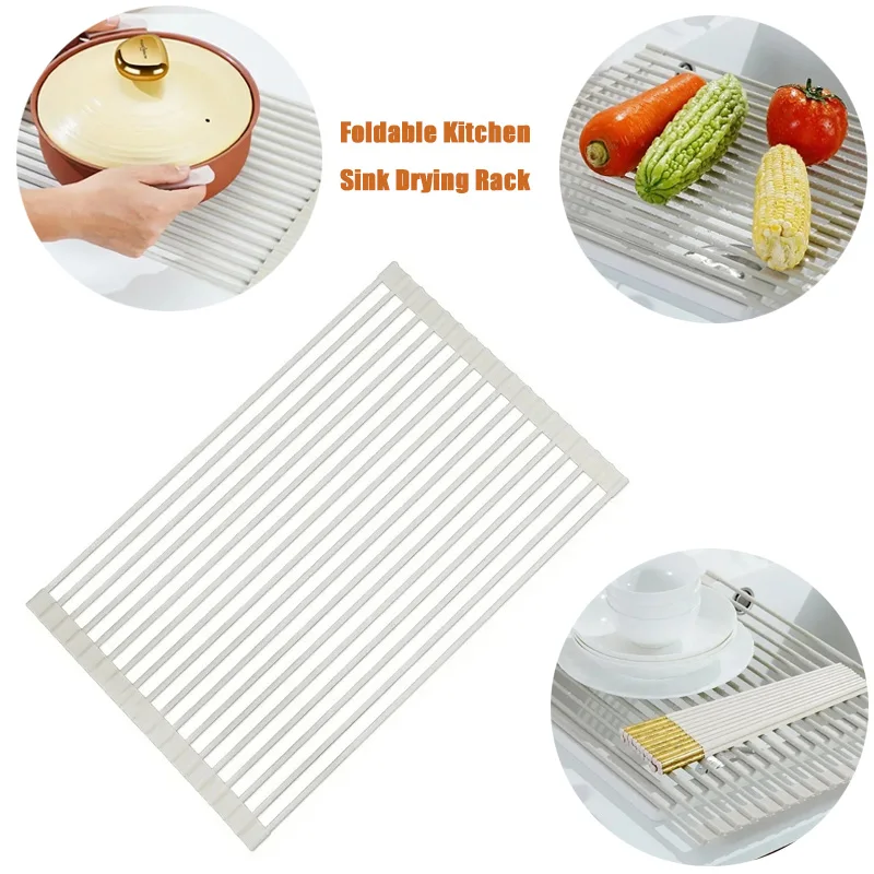 Foldable Kitchen Sink Drying Rack Collapsible Dish Rack and Drainer for Sink Space-Saving Bowl and Plate Organizer 43cm/52cm