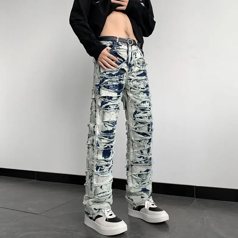 Men's Retro Washed Slim Denim Pants Vintage Street Tie Dye Trousers Boys Sweatpants Male Casual Straight Distressed Jeans