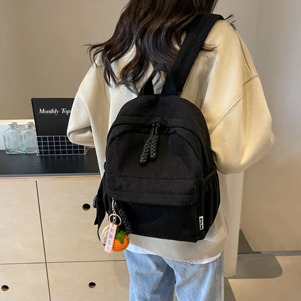 Stylish Lightweight Corduroy Backpack Solid Color Casual Student Backpack Practical Japanese Style Travel Bag For Women