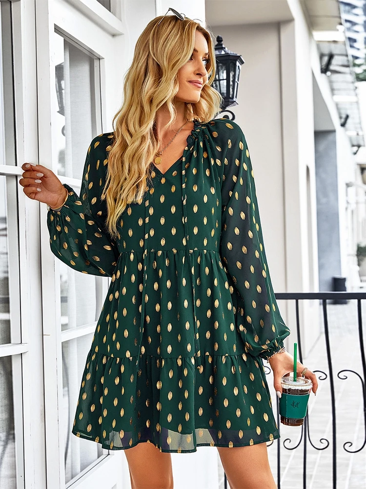 Msfilia V Neck Full Sleeve Loose Printed Chic Dress Women Retro Spring Autumn Boho Chiffon Holiday Dresses