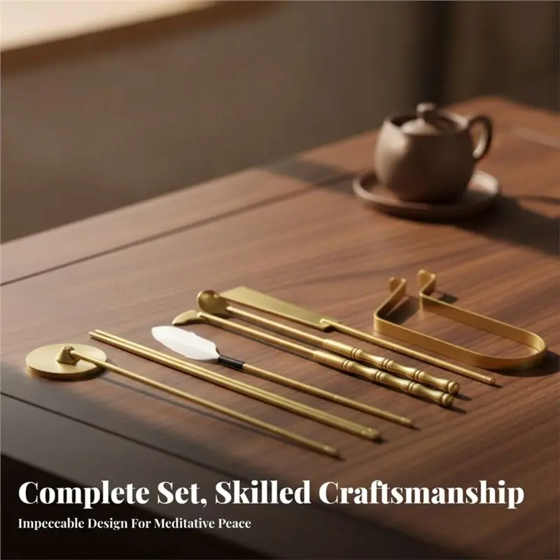 FYBL-7-Piece Brass Incenses Tool Set - Lustrous Finish, Ideal For Meditation, Tea Ceremonies, Aromatherapy, And Home Decor
