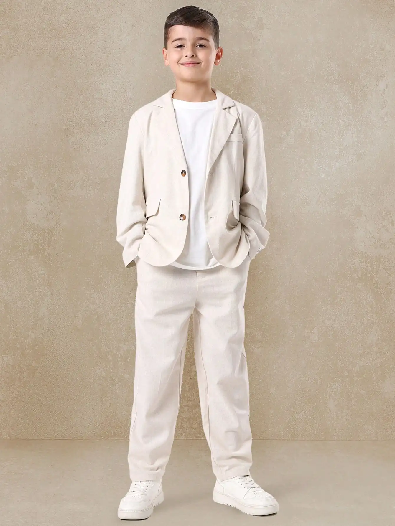 

Cream Linen-Blend Two-Piece Suit for Boys - Smart Casual Blazer & Trousers Set