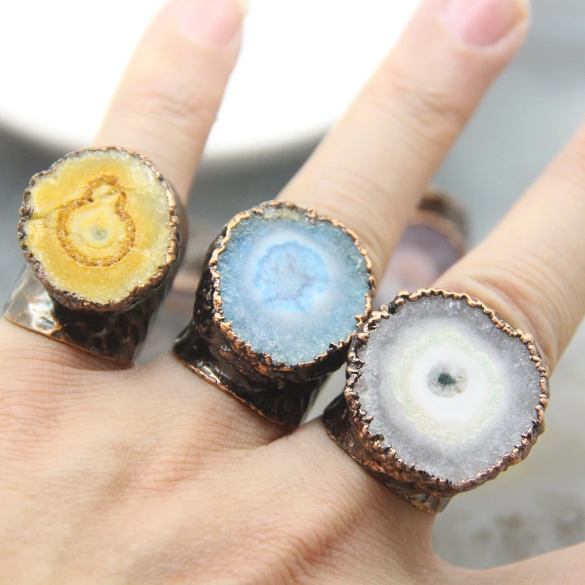 Natural Geode Sun Flower Rings,Solar Quartz Druzy Agate Adjustable Bronze Rings,Healing Quartz Party Finger Rings Jewelry