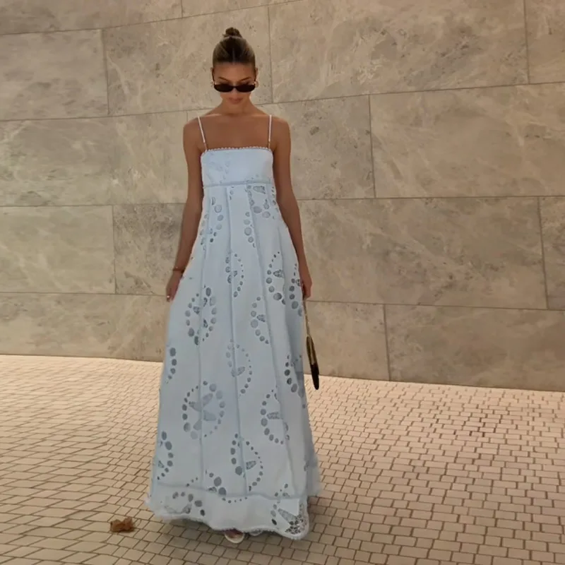 

Elegant Print Sweet Sexy Hollow Long Dress Out Square-Neck Sleeveless Party Evening 2025 Summer Lady Casual Backless Dresses