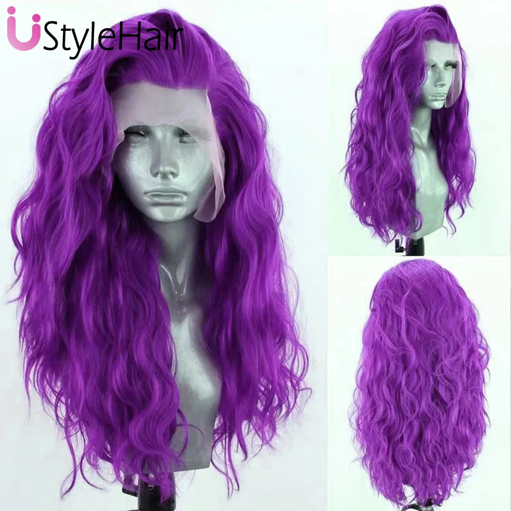 UStyleHair Purple Loose Curly Wig Heat Resistant Synthetic Lace Front Wig Natural Hairline Long Purple Hair Daily Used Cosplay