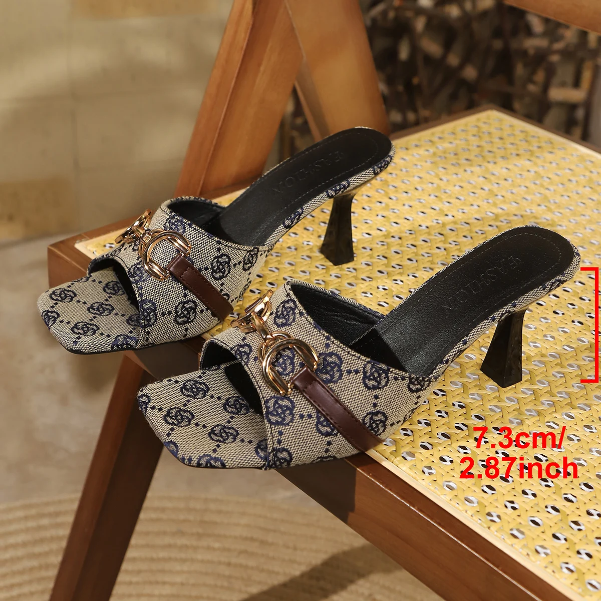 Elegante High-Heels-Slipper mit Metallschnalle für Damen, bedruckte Sandalen mit dünnem Absatz, modische Party-Schuhe für Damen, Größe 43 – Detail 5