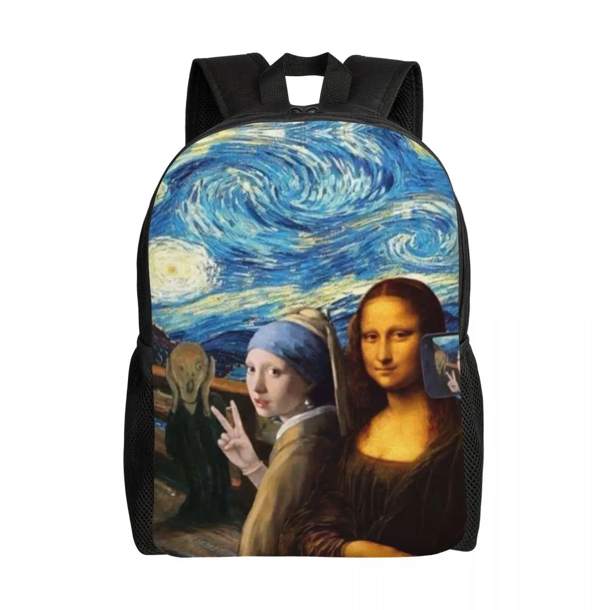 Starry Night By Mona Lisa And Vincent Van Gogh Backpack College School Student Bookbag Fits 15 Inch Laptop Art Painting Bags